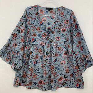 Sanctuary size XL Blue Ditsy Floral Lace Up Flare Sleeve Feminine Romantic Top